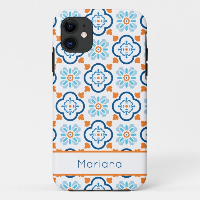 Spanish Tiles Blue Orange and White Personalized Case-Mate iPhone Case (Back)