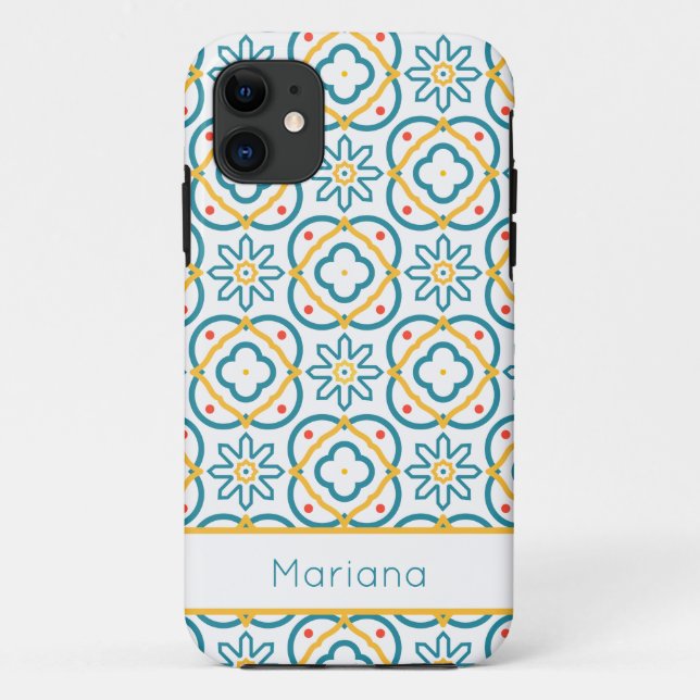 Spanish Tiles Blue Yellow and White Personalized Case-Mate iPhone Case (Back)
