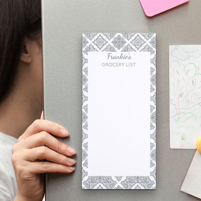 Spanish Tiles Grey Custom Name Grocery List Magnetic Notepad (Creator Uploaded)