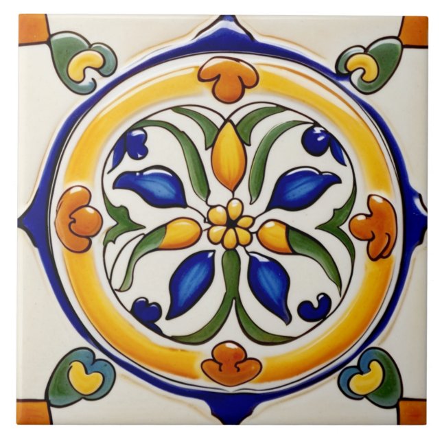 Spanish Traditional Yellow Green Blue and White Ceramic Tile (Front)