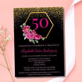 Spanish Trendy Chic Black Gold Pink 50th Birthday Invitation