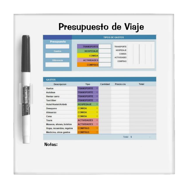 Spanish Trip Planner Template Dry Erase Board (Front)