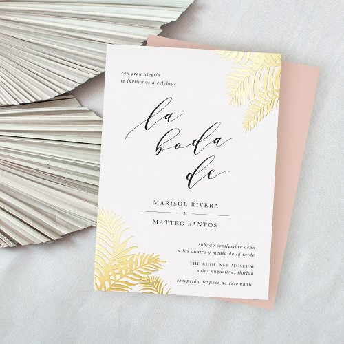 Spanish Tropical Foliage Wedding Gold Foil Invitation