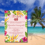 Spanish Tropical Pink Aloha Luau 40th Birthday Invitation<br><div class="desc">¡Celebra 40 años fabulosos con esta invitación para fiesta de cumpleaños tropical hawaiana en español! Esta elegante invitación presenta un hermoso marco floral adornado con vibrantes plumerias, hibiscos y aves del paraíso sobre un fondo rosa pálido. El texto combina una hermosa caligrafía en script con una sofisticada tipografía en bloque,...</div>
