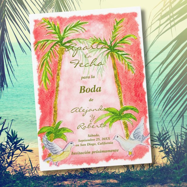 Spanish, Tropical Watercolor Wedding Save the Date Invitation (Creator Uploaded)