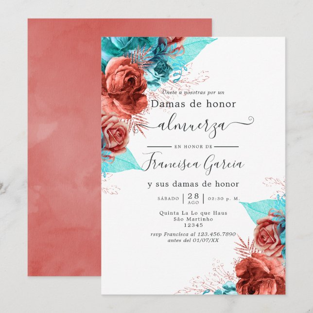 Spanish Turquoise and Coral Bridesmaids Luncheon Invitation (Front/Back)