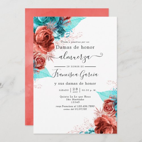 Spanish Turquoise and Coral Bridesmaids Luncheon Invitation