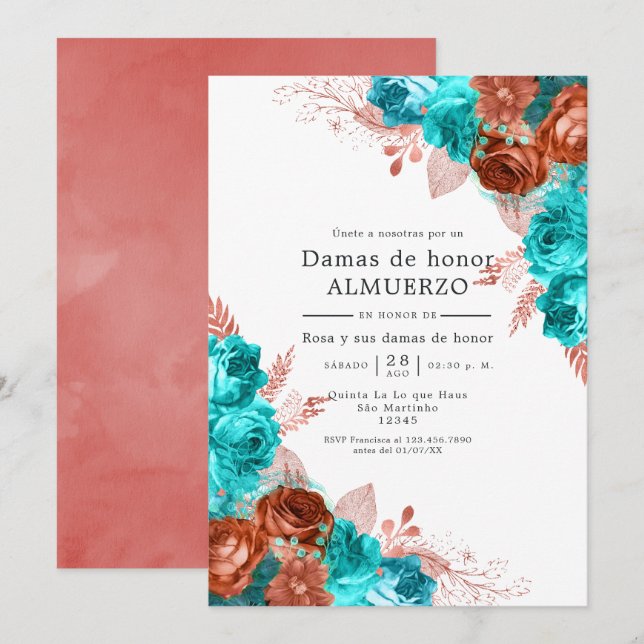 Spanish Turquoise and Coral Bridesmaids Luncheon Invitation (Front/Back)