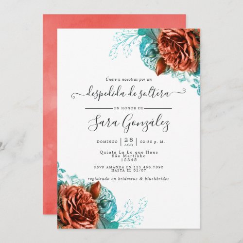 Spanish Turquoise and Coral Floral Bridal Shower Invitation