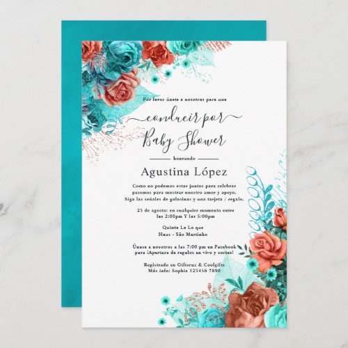 Spanish Turquoise and Coral Floral Drive By Shower Invitation