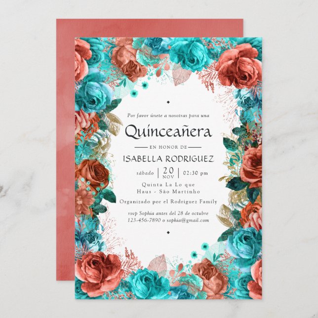 Spanish Turquoise and Coral Floral Quinceañera Inv Invitation (Front/Back)