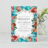 Spanish Turquoise and Coral Floral Quinceañera Inv Invitation (Standing Front)