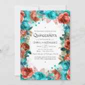 Spanish Turquoise and Coral Floral Quinceañera Inv Invitation (Front)