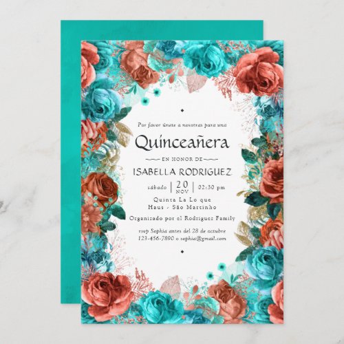 Spanish Turquoise and Coral Floral Quinceaera Invitation