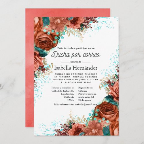 Spanish Turquoise and Coral Floral Shower by Mail Invitation