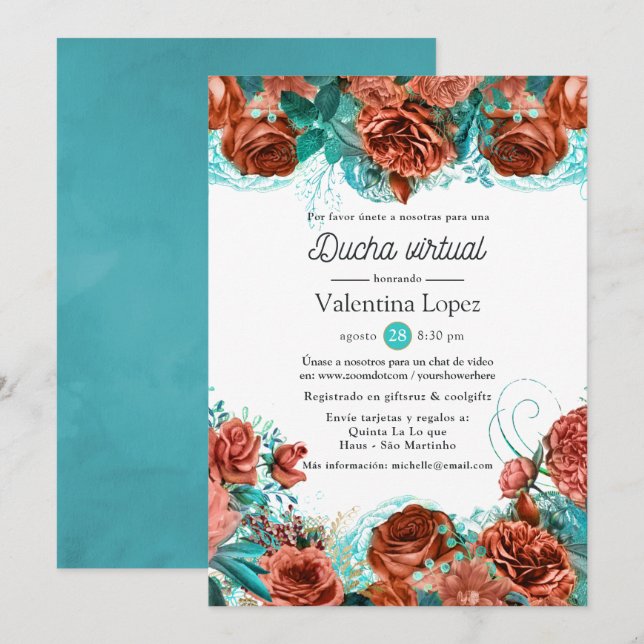 Spanish Turquoise and Coral Floral Virtual Shower Invitation (Front/Back)