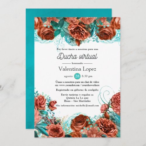 Spanish Turquoise and Coral Floral Virtual Shower Invitation