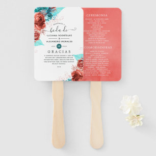 Spanish Turquoise and Coral Floral Wedding Program Hand Fan
