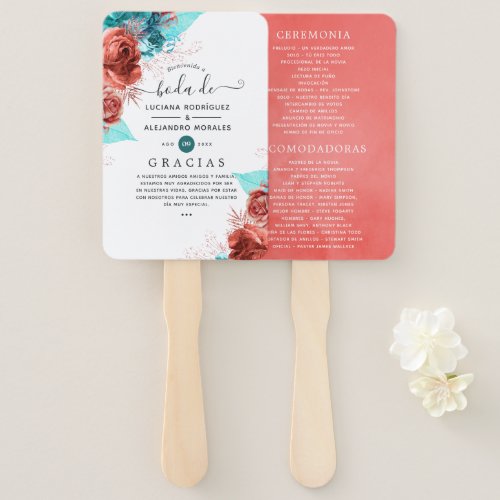 Spanish Turquoise and Coral Floral Wedding Program Hand Fan