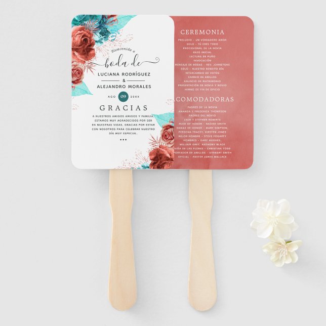 Spanish Turquoise and Coral Floral Wedding Program Hand Fan (Front and Back)