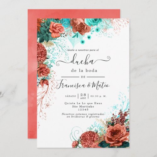 Spanish Turquoise and Coral Floral Wedding Shower  Invitation