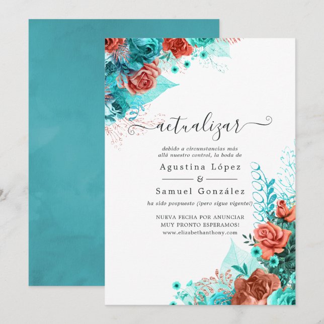 Spanish Turquoise and Coral Floral Wedding Update Invitation (Front/Back)