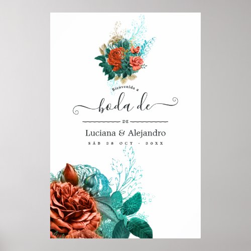 Spanish Turquoise and Coral Floral Wedding Welcome Poster