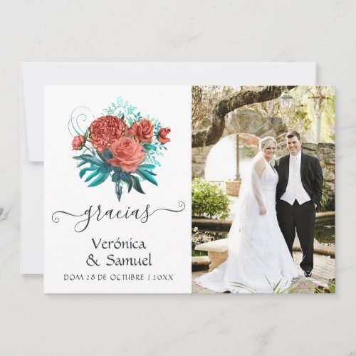 Spanish Turquoise and Coral Tropical Wedding Thank You Card