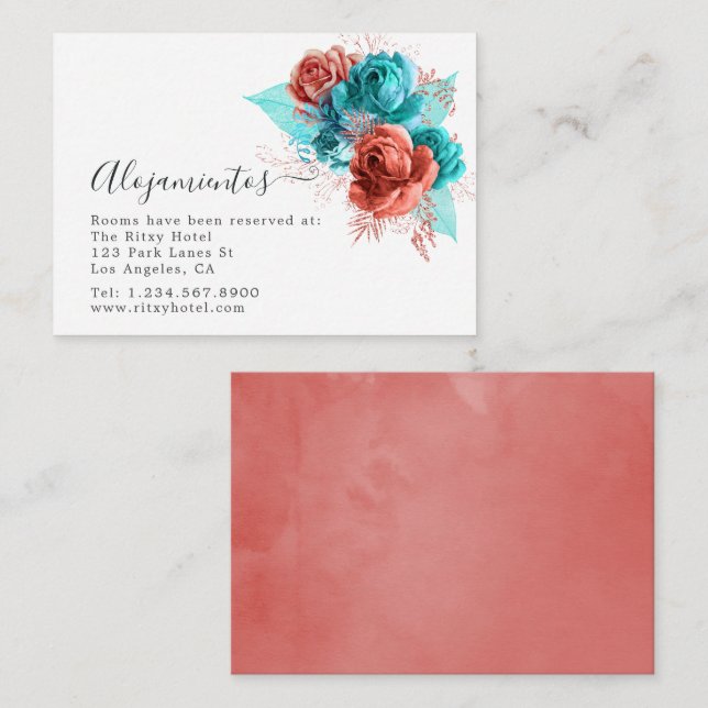 Spanish Turquoise and Coral Wedding Accommodations Enclosure Card (Front/Back)