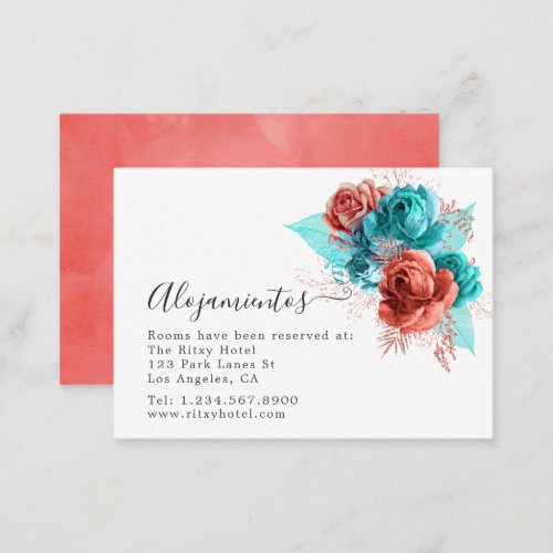 Spanish Turquoise and Coral Wedding Accommodations Enclosure Card