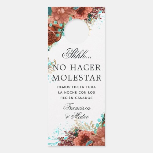 Spanish Turquoise and Coral Wedding Do Not Disturb Door Hanger