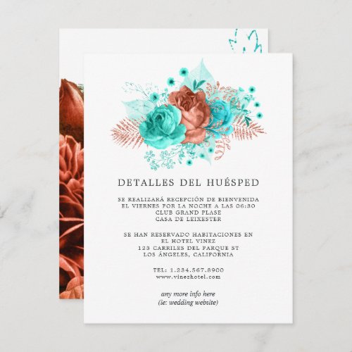 Spanish Turquoise and Coral Wedding Guest Details Enclosure Card
