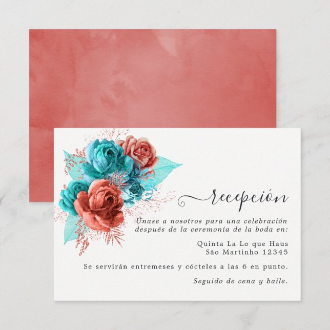 Spanish Turquoise and Coral Wedding Reception Enclosure Card (Front/Back)