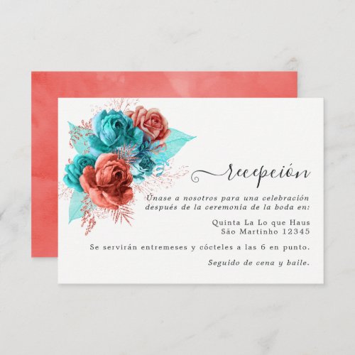 Spanish Turquoise and Coral Wedding Reception Enclosure Card