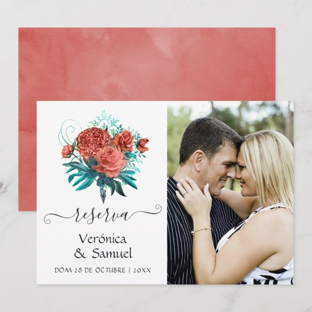 Spanish Turquoise and Coral Wedding Save the Date (Front/Back)