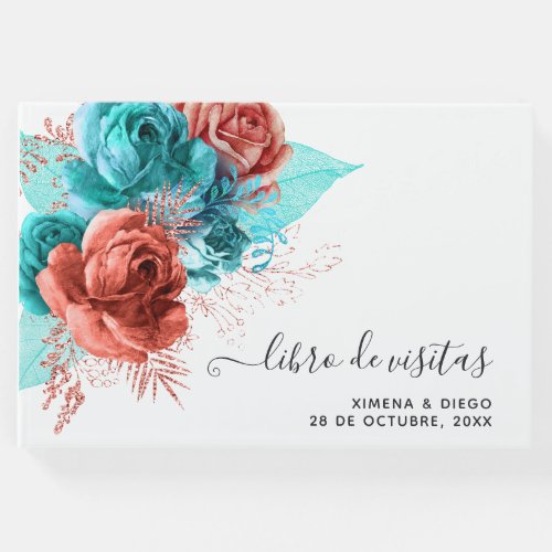 Spanish Turquoise and Living Coral Floral Wedding Guest Book
