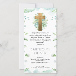 Spanish, Turquoise Greenery Baptism Bookmark Favor Thank You Card