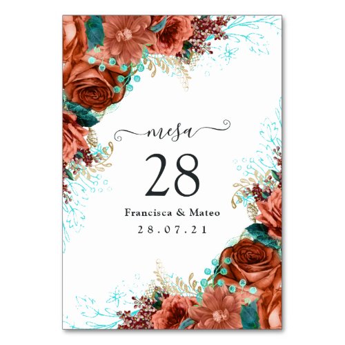 Spanish Turquoise _ Teal and Coral Floral Table Number