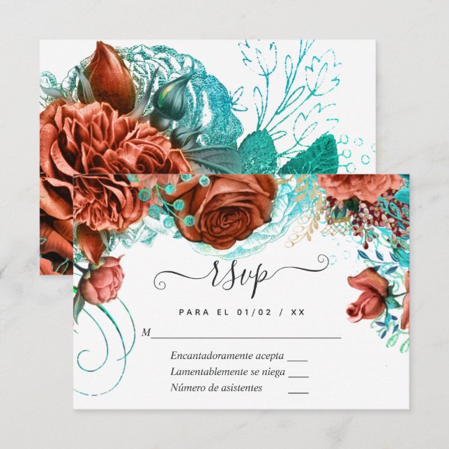 Spanish Turquoise - Teal and Coral Floral Wedding RSVP Card (Front/Back)