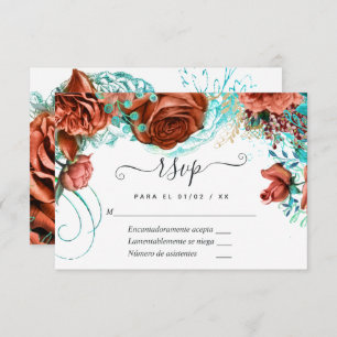 Spanish Turquoise - Teal and Coral Floral Wedding RSVP Card
