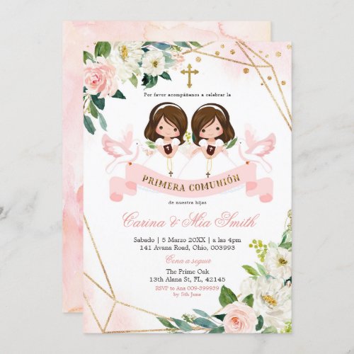 Spanish Twin Pink  Gold Floral Primera Comunión Invitation