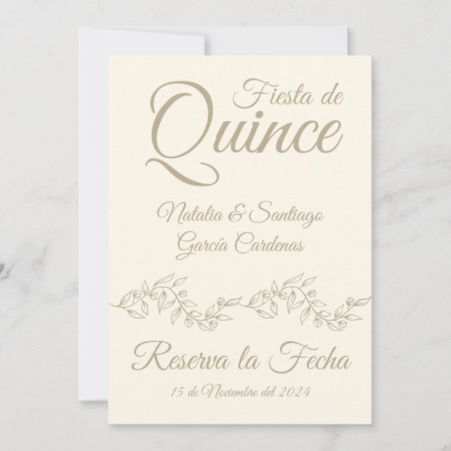 Spanish Twins Fiesta de Quince Champagne Botanical Save The Date (Front)