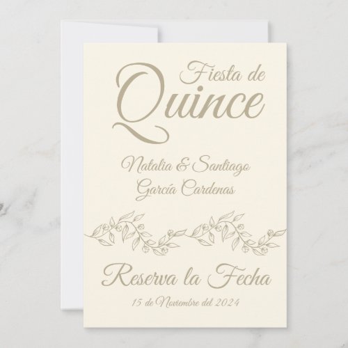 Spanish Twins Fiesta de Quince Champagne Botanical Save The Date