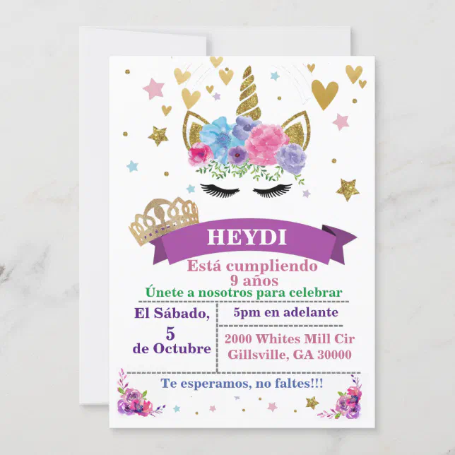 Spanish Unicorn Birthday Invitation | Zazzle