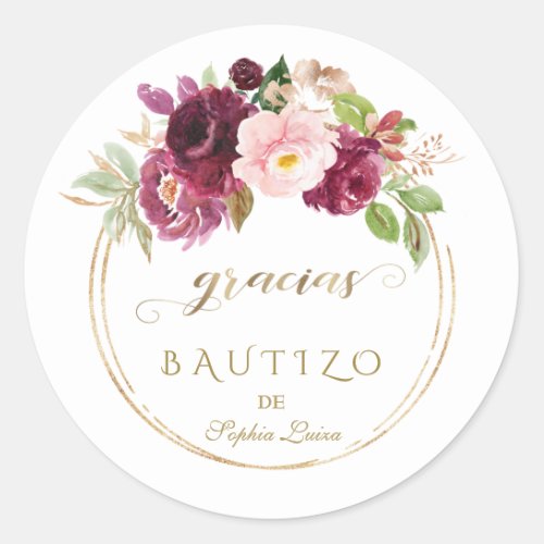 Spanish Unique Burgundy Blush Floral Gold Bautizo Classic Round Sticker