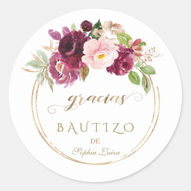 Spanish Unique Burgundy Blush Floral Gold Bautizo Classic Round Sticker ...