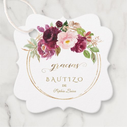 Spanish Unique Burgundy Blush Floral Gold Bautizo Favor Tags