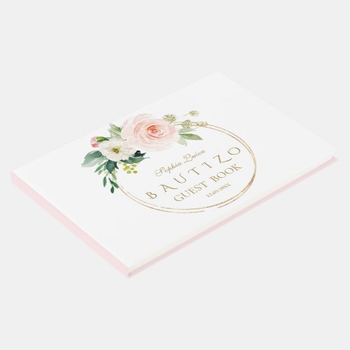 Spanish Unique Pink Blush Floral Gold Bautizo Guest Book
