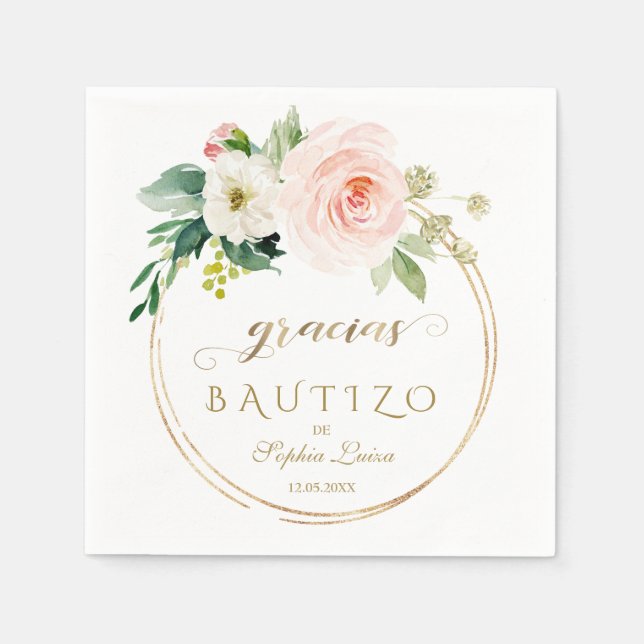 Spanish Unique Pink Blush Floral Gold Bautizo Napkins (Front)