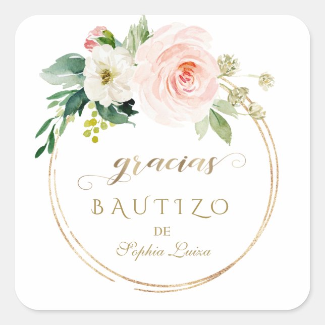 Spanish Unique Pink Blush Floral Gold Bautizo Square Sticker (Front)